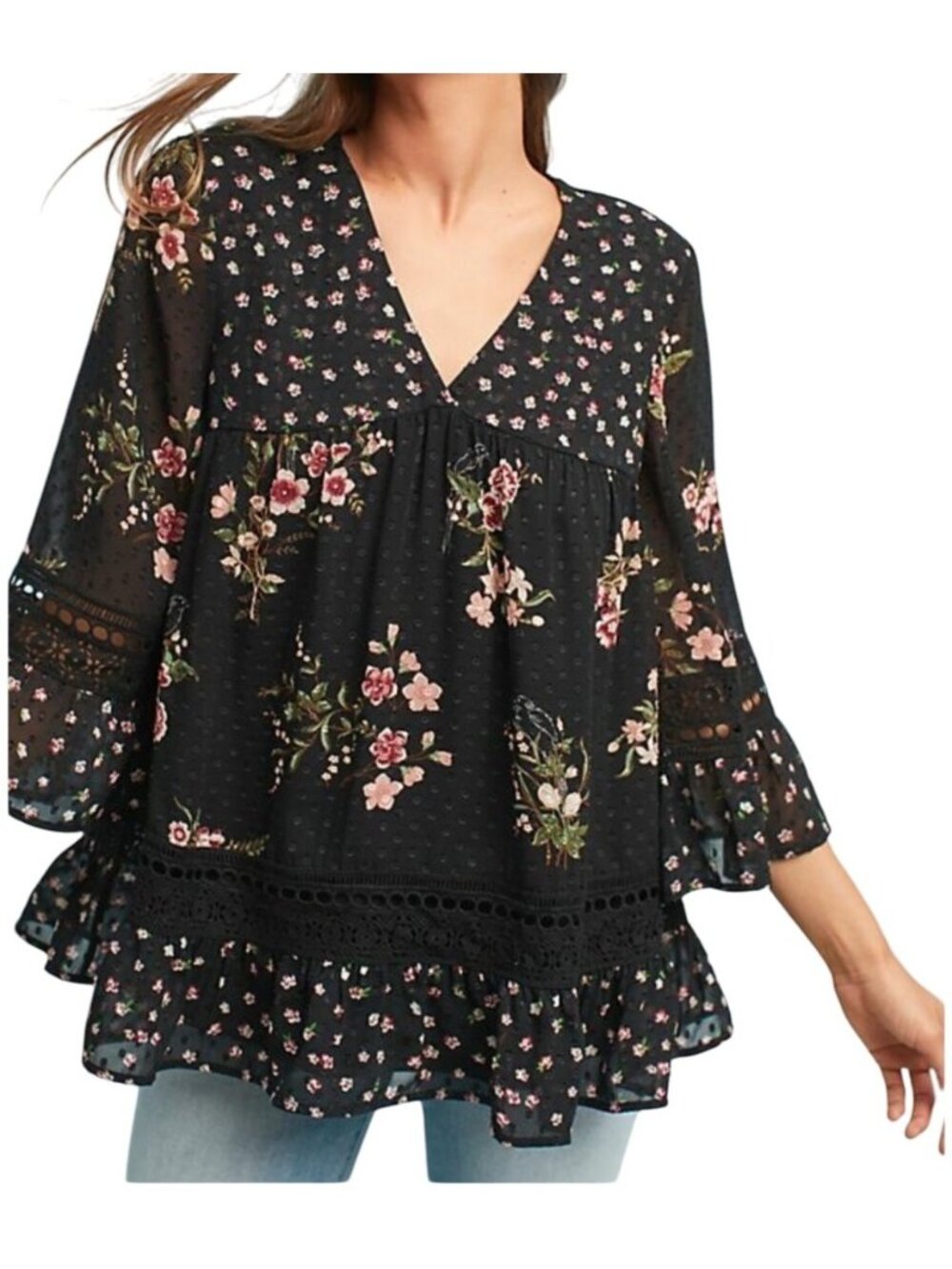 Maeve Anthropologie Colette Floral Bell Sleeve Boho Blouse S Black Crochet Trim
